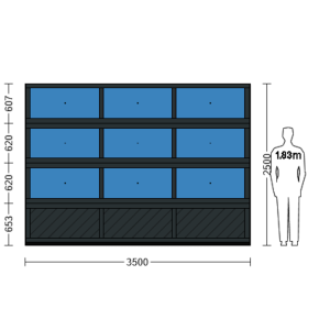 Porte sectionnelle industrielle vitrée L 3.5 m x H 2.5 m en panneaux aluminium 40 mm et double plexiglass avec sous bassement