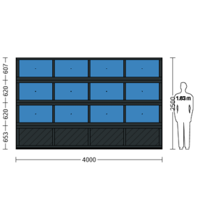 Porte sectionnelle industrielle vitrée L 4.0 m x H 2.5 m en panneaux aluminium 40 mm et double plexiglass avec sous bassement