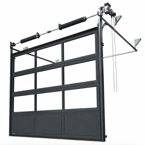 Porte sectionnelle industrielle vitrée L 4.5 m x H 3.5 m en panneaux aluminium 40 mm et double plexiglass avec sous bassement
