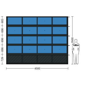 Porte sectionnelle industrielle vitrée L 4.5 m x H 3.5 m en panneaux aluminium 40 mm et double plexiglass avec sous bassement