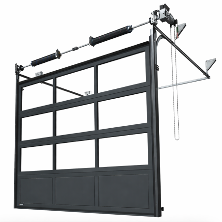 Porte sectionnelle industrielle vitrée L 5.0 m x H 4.0 m en panneaux aluminium 40 mm et double plexiglass avec sous bassement