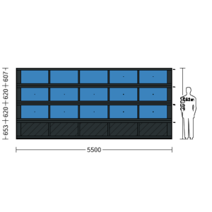 Porte sectionnelle industrielle vitrée L 5.5 m x H 2.5 m en panneaux aluminium 40 mm et double plexiglass avec sous bassement