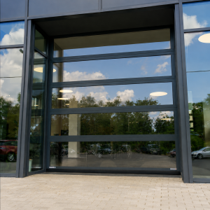 Porte sectionnelle industrielle vitrée L 3.0 m x H 2.0 m en panneaux aluminium 40 mm et double vitrage plexiglass Full Vision