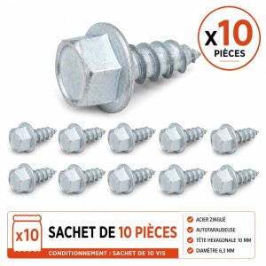Vis autotaraudeuse à tête hexagonale 10 mm Ø6,3 x 22 mm en acier zingué - Sachet de 10 pièces pour porte sectionnelle