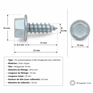 Vis autotaraudeuse à tête hexagonale 10 mm acier zingué Ø6,3 x 22 mm - Dimensions techniques pour porte sectionnelle