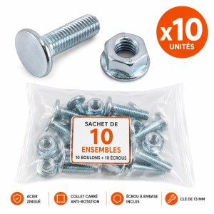 Sachet de 10 boulons M7 x 25 mm à tête ronde collet carré avec écrous à embase pour porte sectionnelle