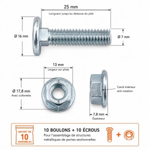 Schéma technique du boulon M7 x 25 mm à tête ronde collet carré avec écrou à embase – Sachet de 10 pour porte sectionnelle