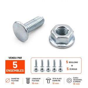 Lot de 5 boulons M5 x 16 mm à tête plate avec 5 écrous à embase en acier zingué pour porte sectionnelle industrielle