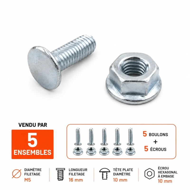 Lot de 5 boulons M5 x 16 mm à tête plate avec 5 écrous à embase en acier zingué pour porte sectionnelle industrielle