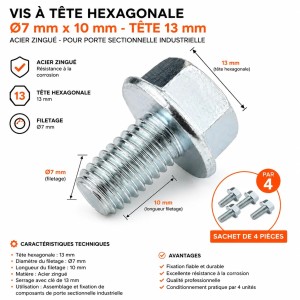 Vis à tête hexagonale 13 mm en acier zingué avec filetage Ø7 mm x 10 mm pour porte sectionnelle industrielle