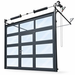 Porte Sectionnelle Industrielle vitrée L 3.5 m x H 4.0 m avec portillon intégré, panneaux double plexiglass 40 mm