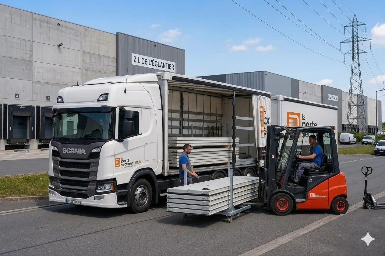 Camion poids lourd de livraison de portes sectionnelles industrielles en dimensions standards direct usine à Évry et Corbeil-Essonnes.
