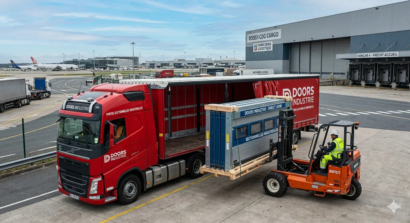 Livraison directe usine de portes sectionnelles industrielles par poids lourd avec chariot embarqué sur la zone logistique de Saint-Denis Roissy CDG