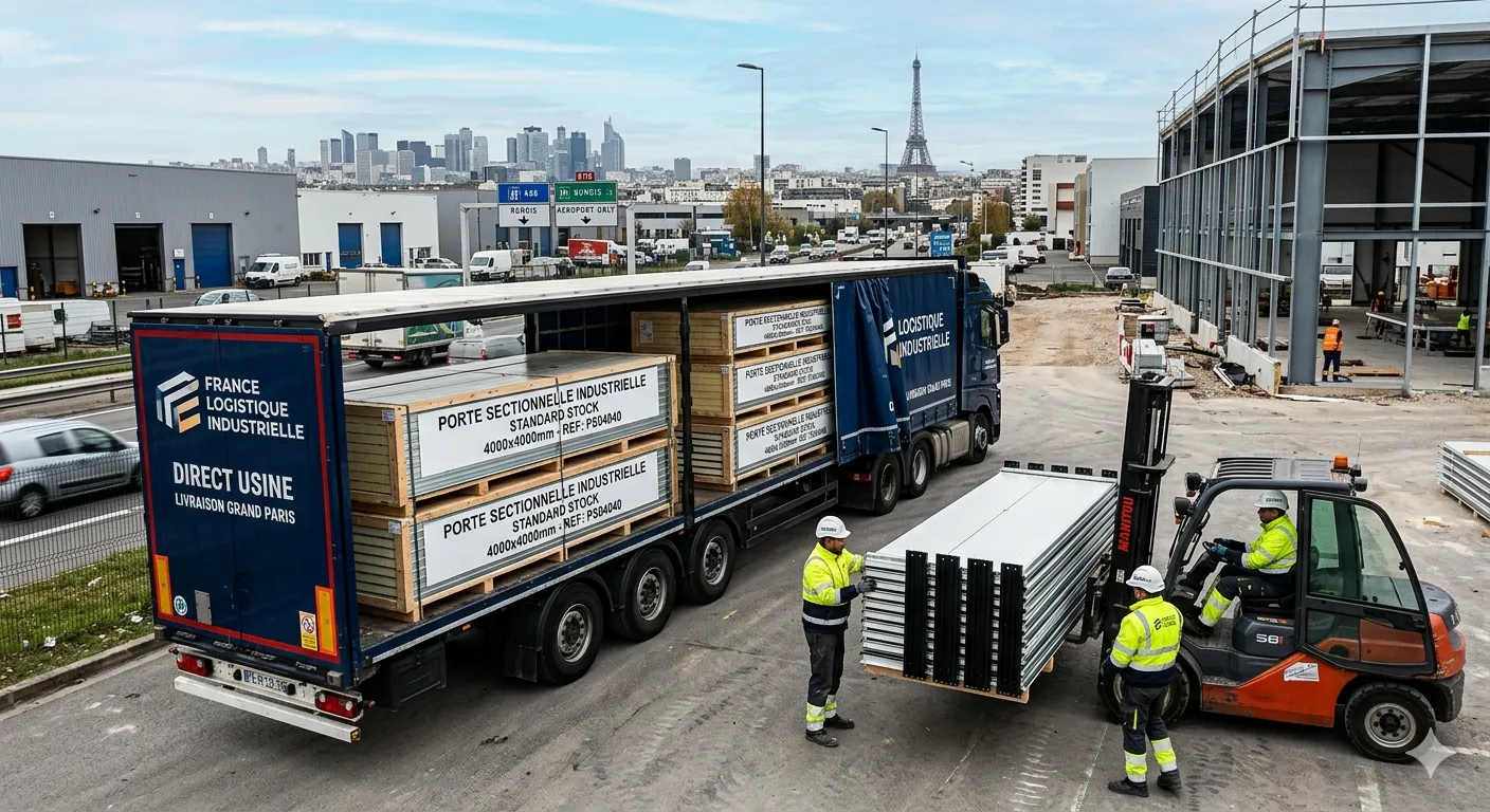 Porte sectionnelle industrielle en stock permanent et livraison sur un chantier à Paris