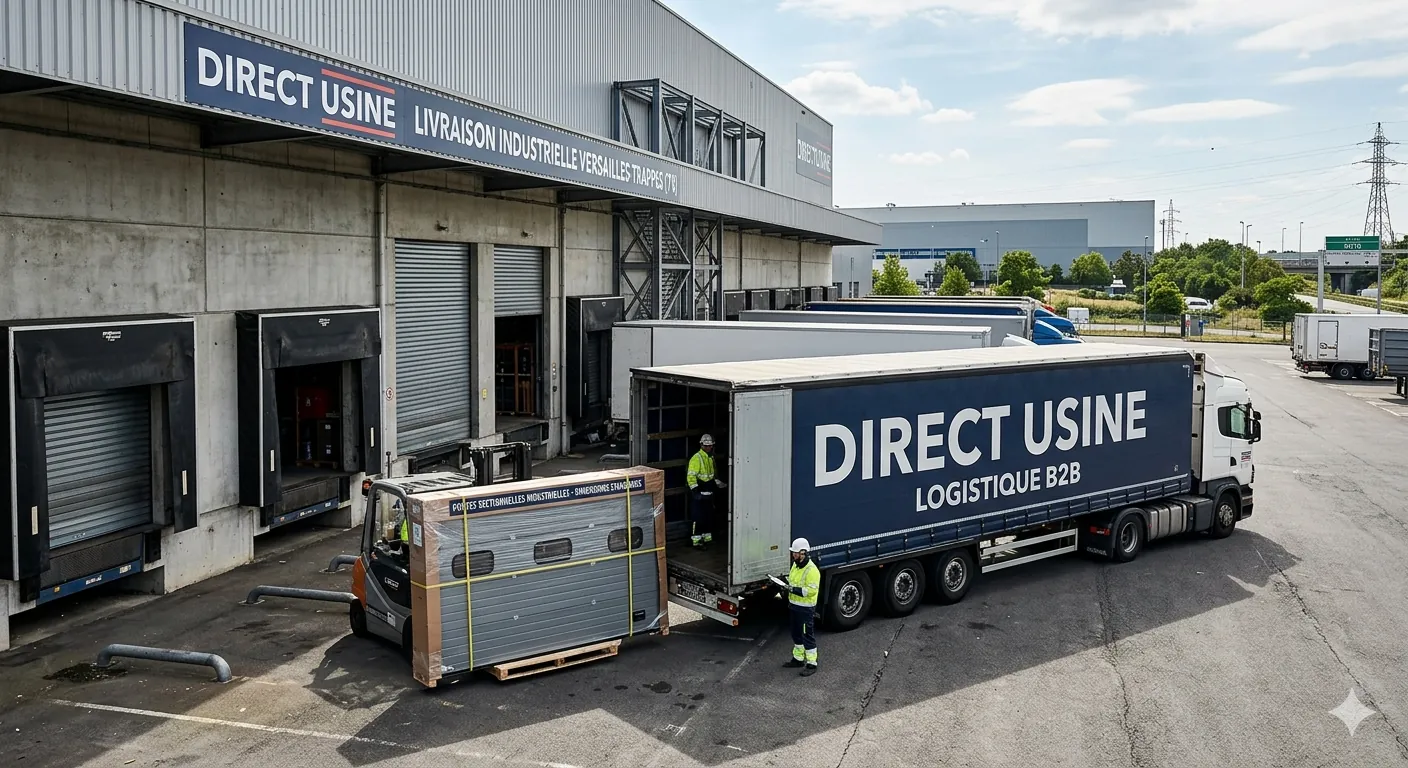 Un entrepôt logistique B2B en plein chargement à Versailles-Trappes (78), montrant un chariot élévateur transportant une porte sectionnelle industrielle emballée vers un camion marqué "DIRECT USINE LOGISTIQUE B2B