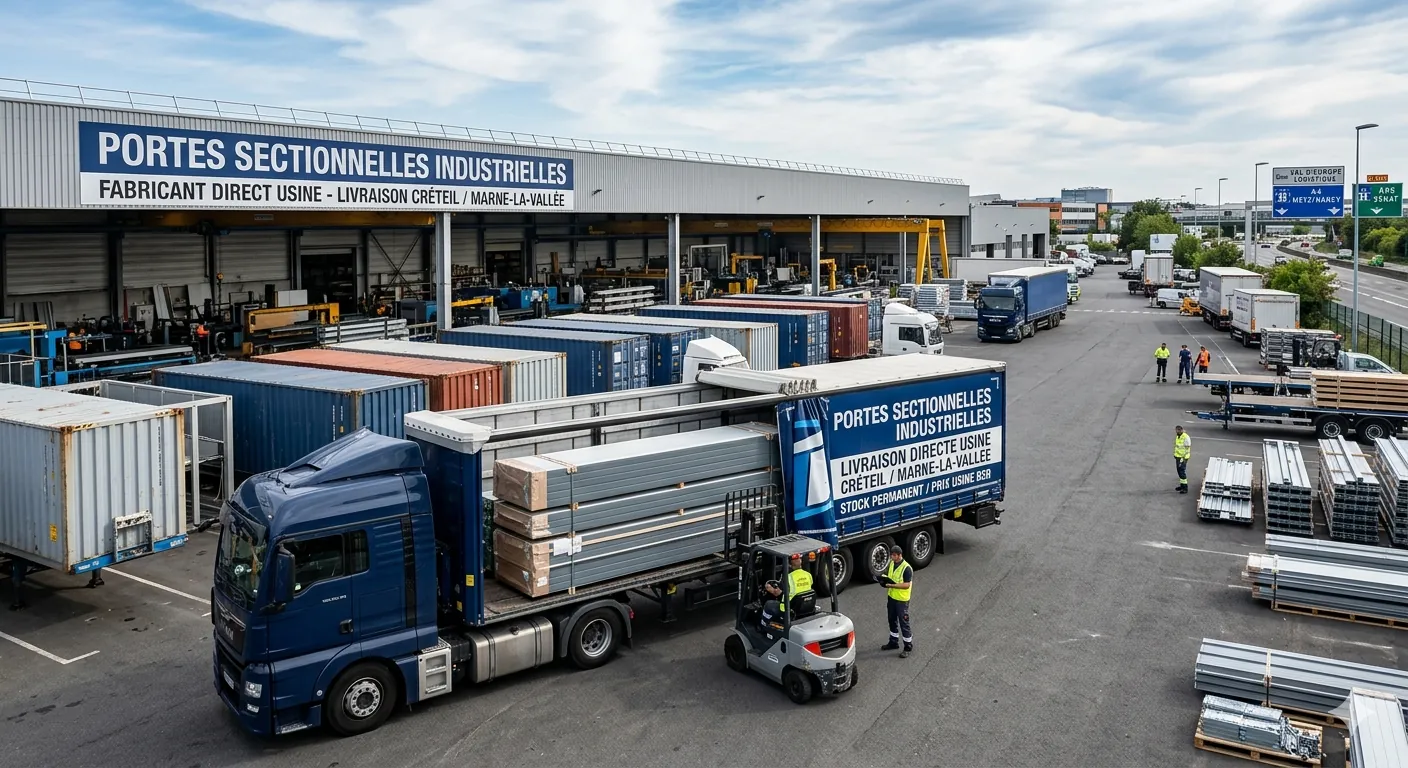 Plateforme logistique et livraison directe usine de portes sectionnelles industrielles à Créteil et Marne-la-Vallée, chargement par chariot élévateur sur camion de fret.