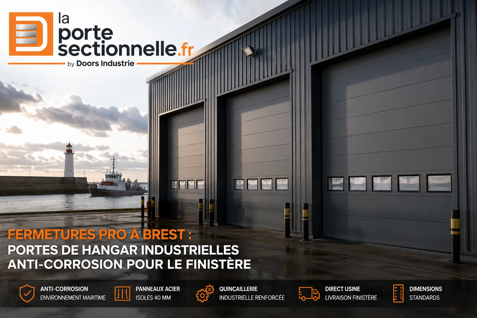 Porte de hangar industrielle anti-corrosion à Brest avec portes sectionnelles professionnelles pour le Finistère