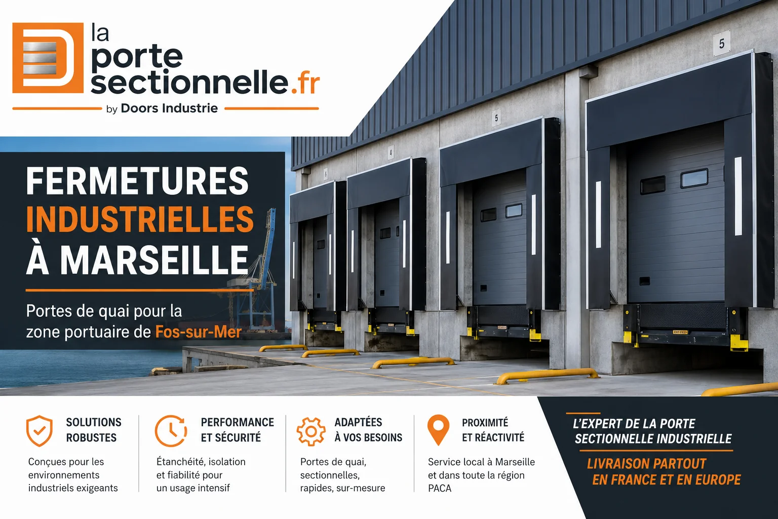 Portes de quai industrielles pour la zone portuaire de Fos-sur-Mer à Marseille avec portes sectionnelles de chargement La Porte Sectionnelle