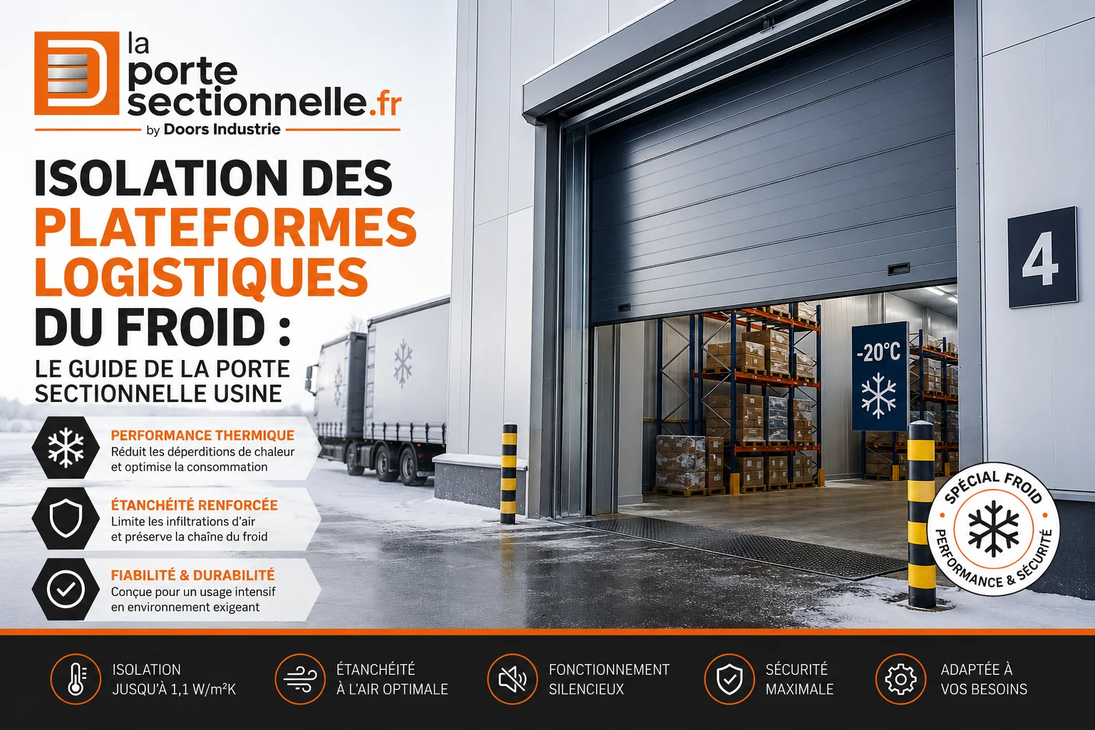 Porte sectionnelle industrielle pour plateforme logistique frigorifique assurant l'isolation thermique des quais et la performance énergétique des entrepôts du froid.