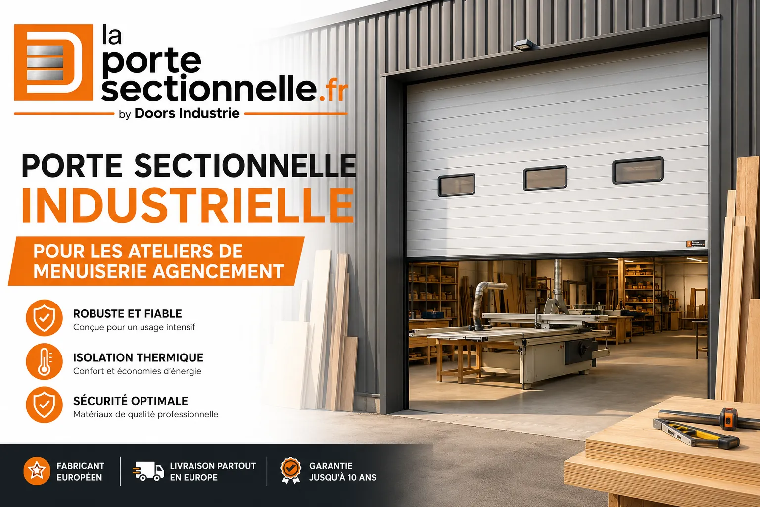 Porte sectionnelle industrielle pour atelier de menuiserie et agencement avec logo La Porte Sectionnelle