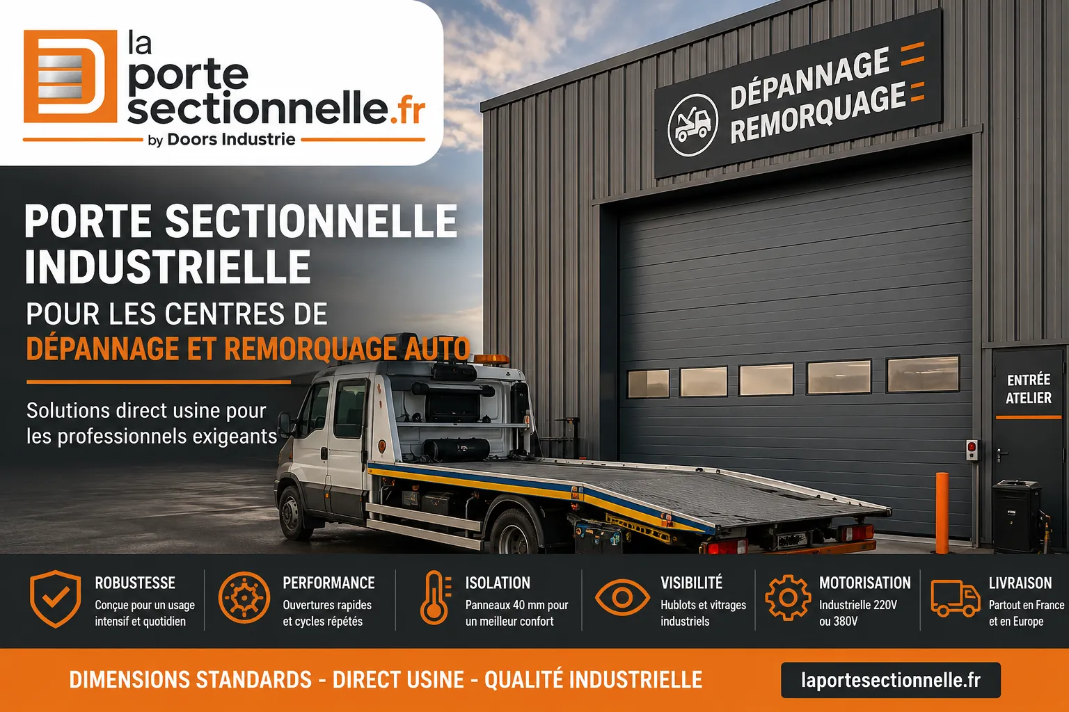 Porte sectionnelle industrielle pour centre de dépannage et remorquage automobile direct usine – laportesectionnelle.fr