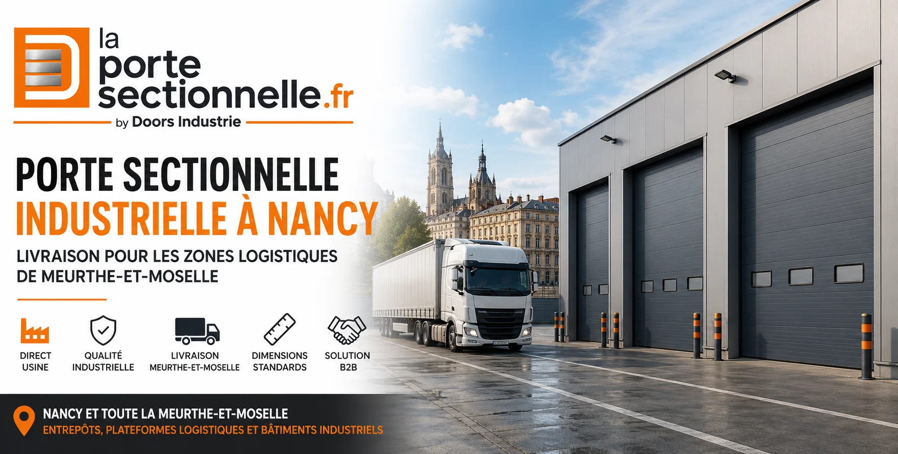 Porte sectionnelle industrielle à Nancy avec entrepôt logistique en Meurthe-et-Moselle, livraison directe usine pour bâtiments industriels