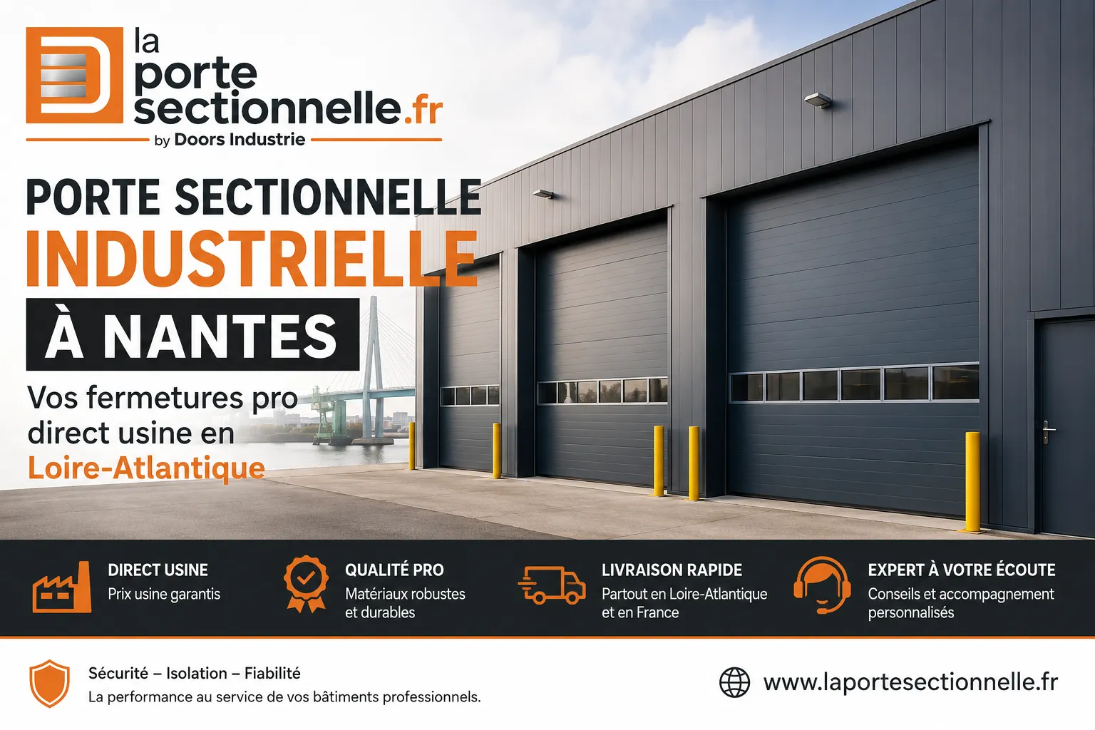 Porte sectionnelle industrielle à Nantes avec livraison directe usine en Loire-Atlantique pour bâtiments professionnels