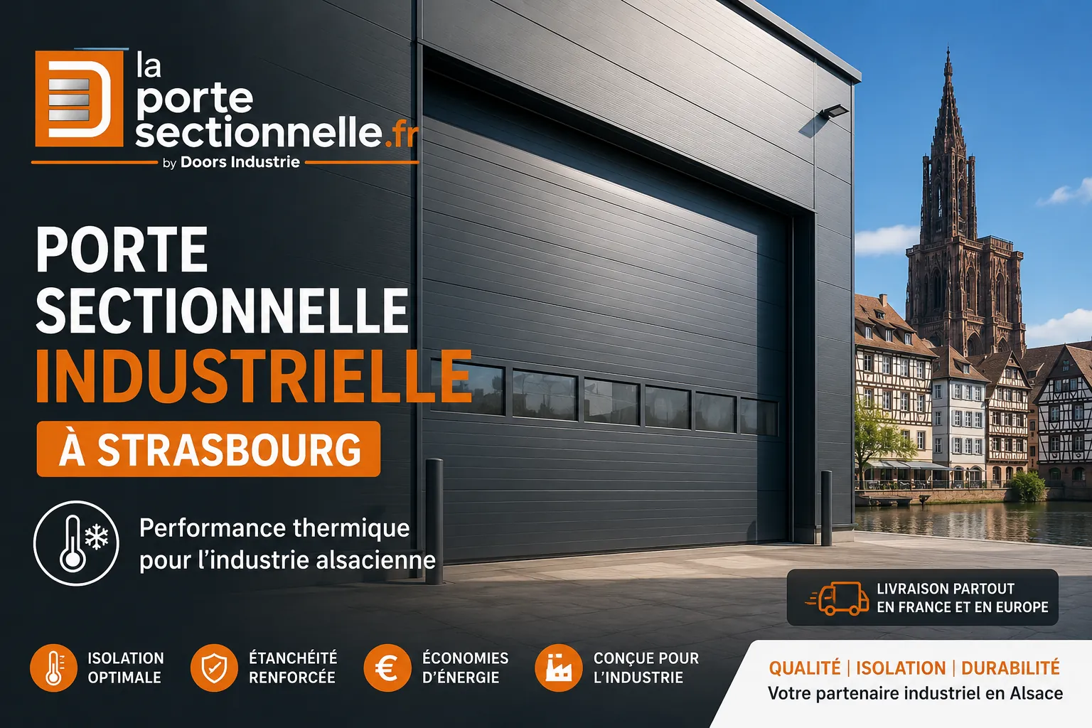 Porte sectionnelle industrielle à Strasbourg, performance thermique et isolation pour bâtiments industriels en Alsace