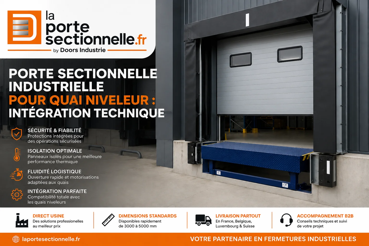 Porte sectionnelle industrielle pour quai niveleur avec hublots hauts et sas d'étanchéité dans un entrepôt logistique