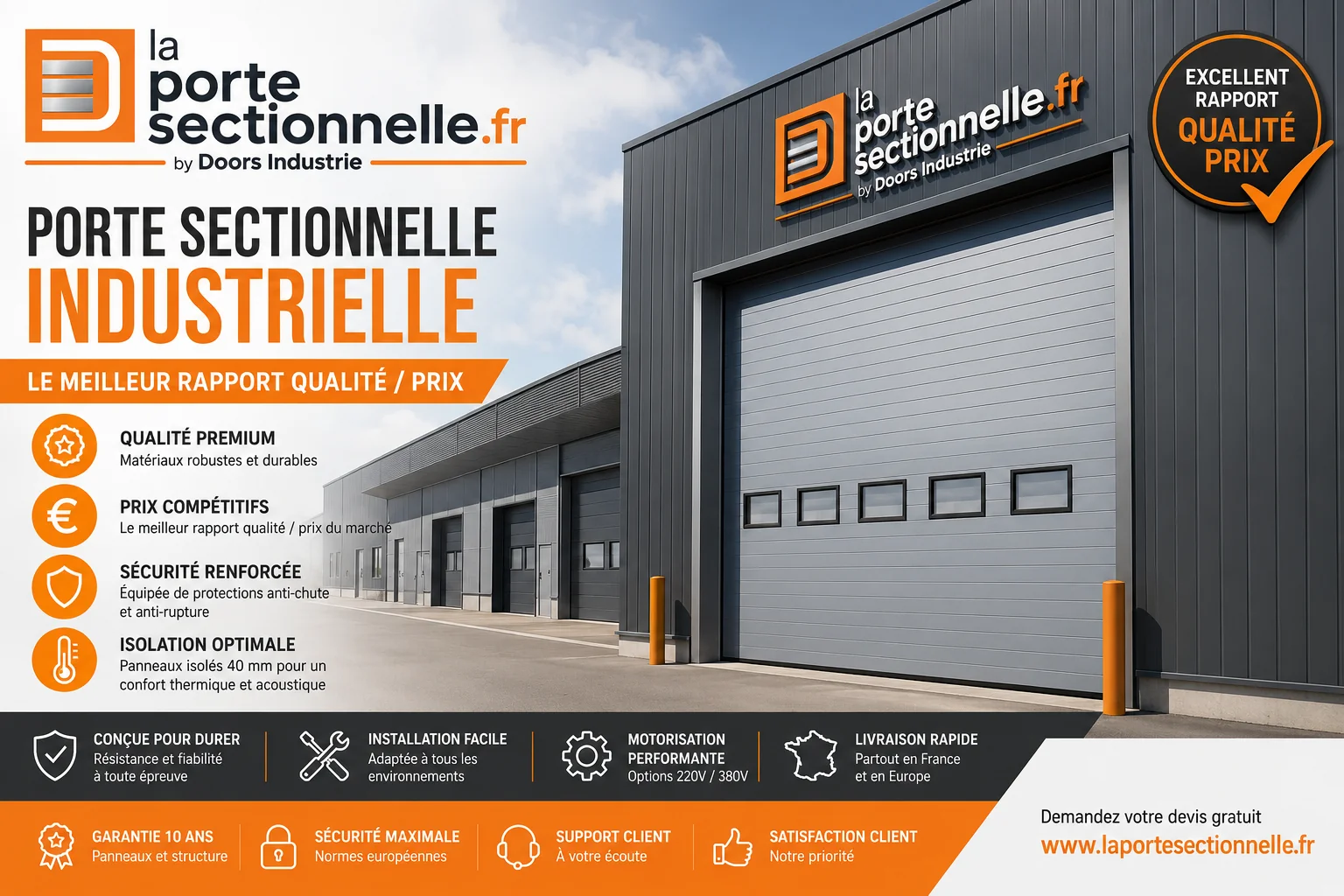 Porte sectionnelle industrielle gris anthracite avec logo La Porte Sectionnelle, meilleur rapport qualité prix, porte isolée pour bâtiment industriel et entrepôt