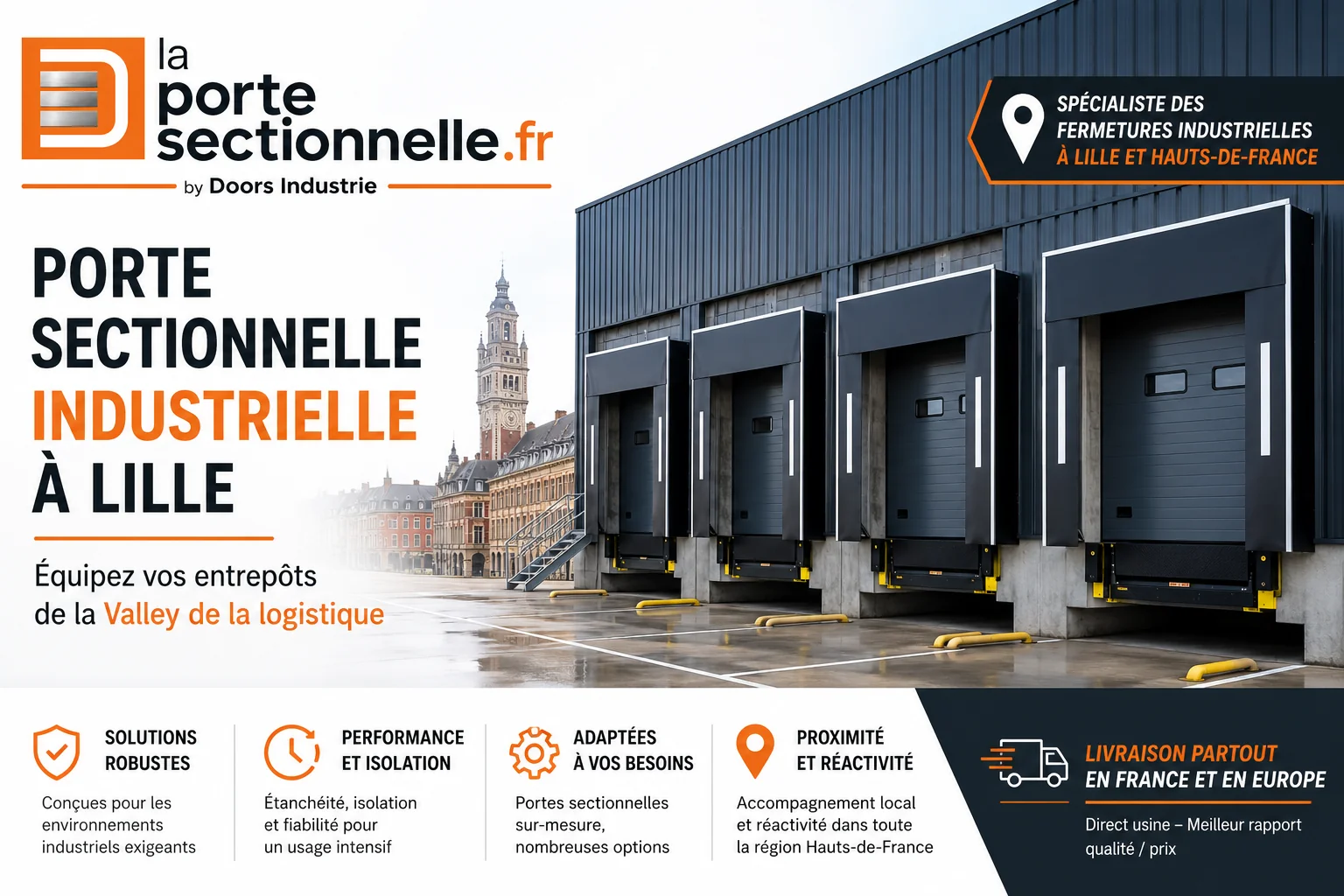 Porte sectionnelle industrielle à Lille pour entrepôts logistiques de la vallée de la logistique avec quais de chargement et portes industrielles La Porte Sectionnelle