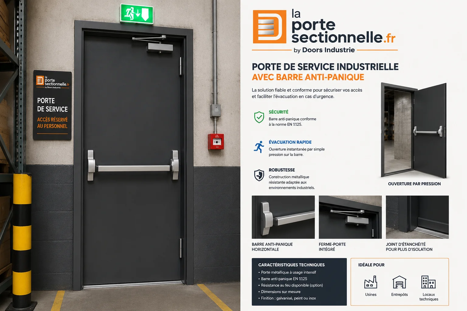Porte de service industrielle avec barre anti-panique pour entrepôt, usine et local technique - La Porte Sectionnelle"